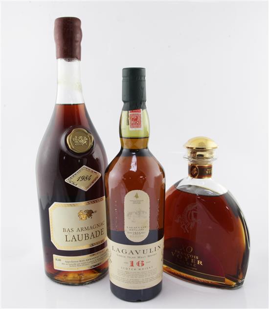 One bottle of Lagavulin 16 Years Islay malt whisky, one bottle of Laubade Bas Armagnac, 1984 & one bottle of Francois Voyer Cognac.